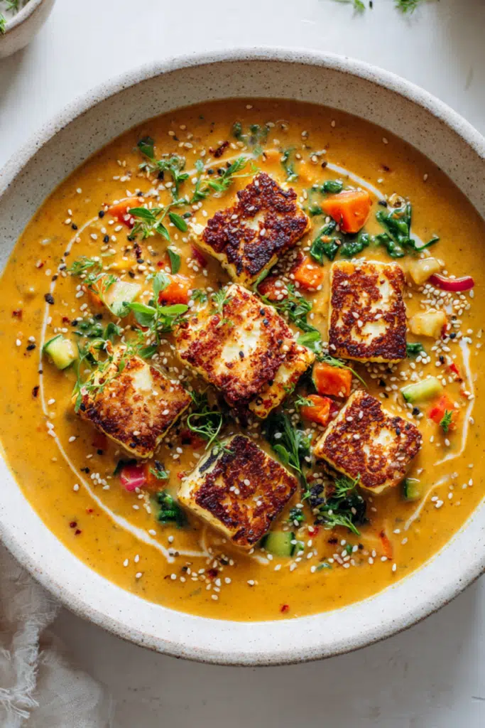 Spicy Peanut Soup With Sesame Halloumi