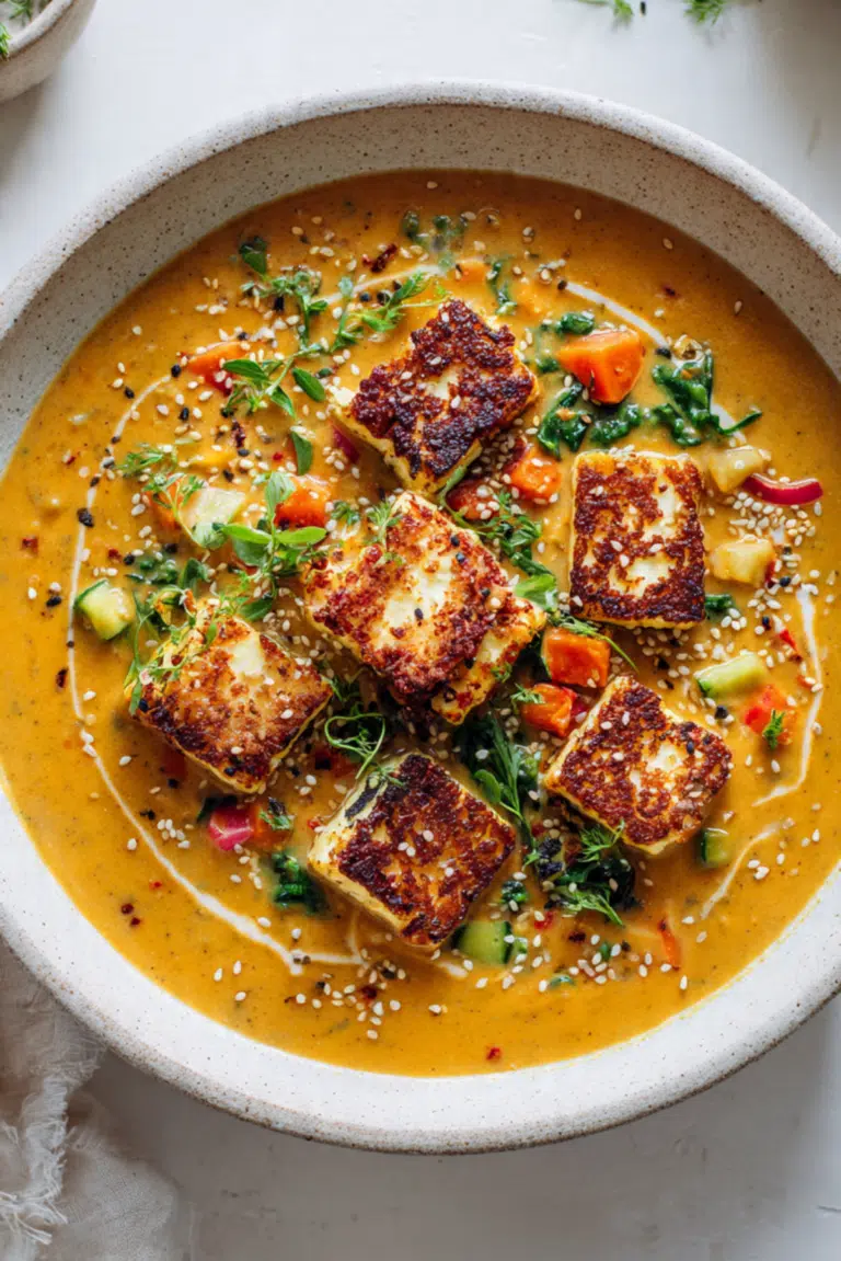Spicy Peanut Soup With Sesame Halloumi