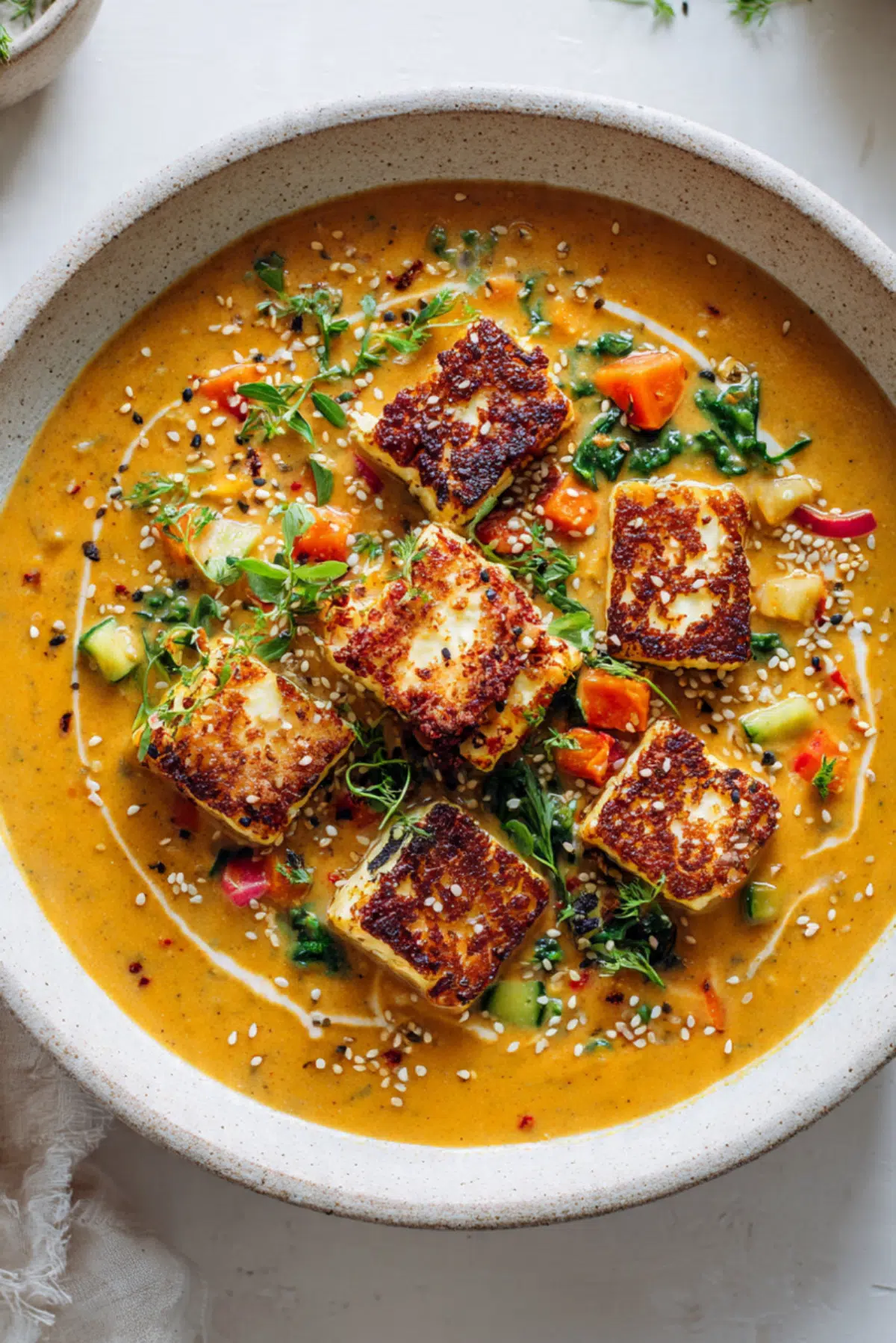Spicy Peanut Soup With Sesame Halloumi