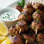 Meatball Skewers with Tahini Yogurt and Red Chimichurri
