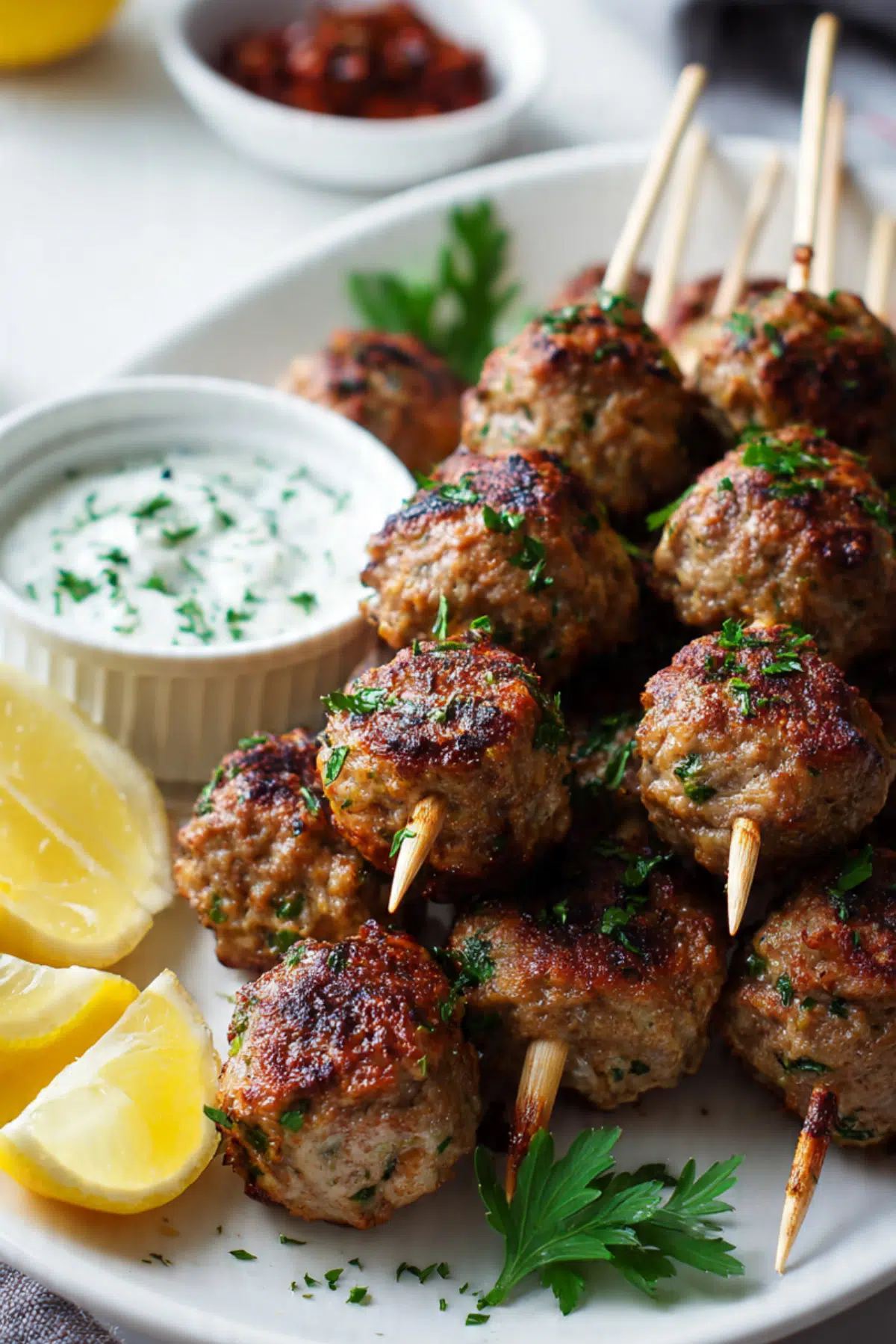 Meatball Skewers with Tahini Yogurt and Red Chimichurri