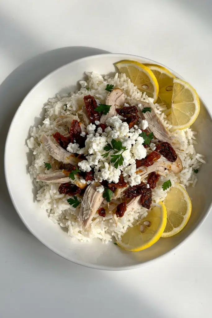 Viral Shaken Rotisserie Chicken and Rice with Lemon, Feta & Sun-Dried Tomatoes