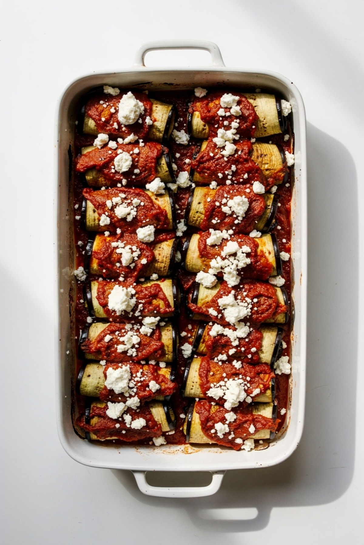 Baked Eggplant Rolls with Roasted Tomato & Feta Sauce