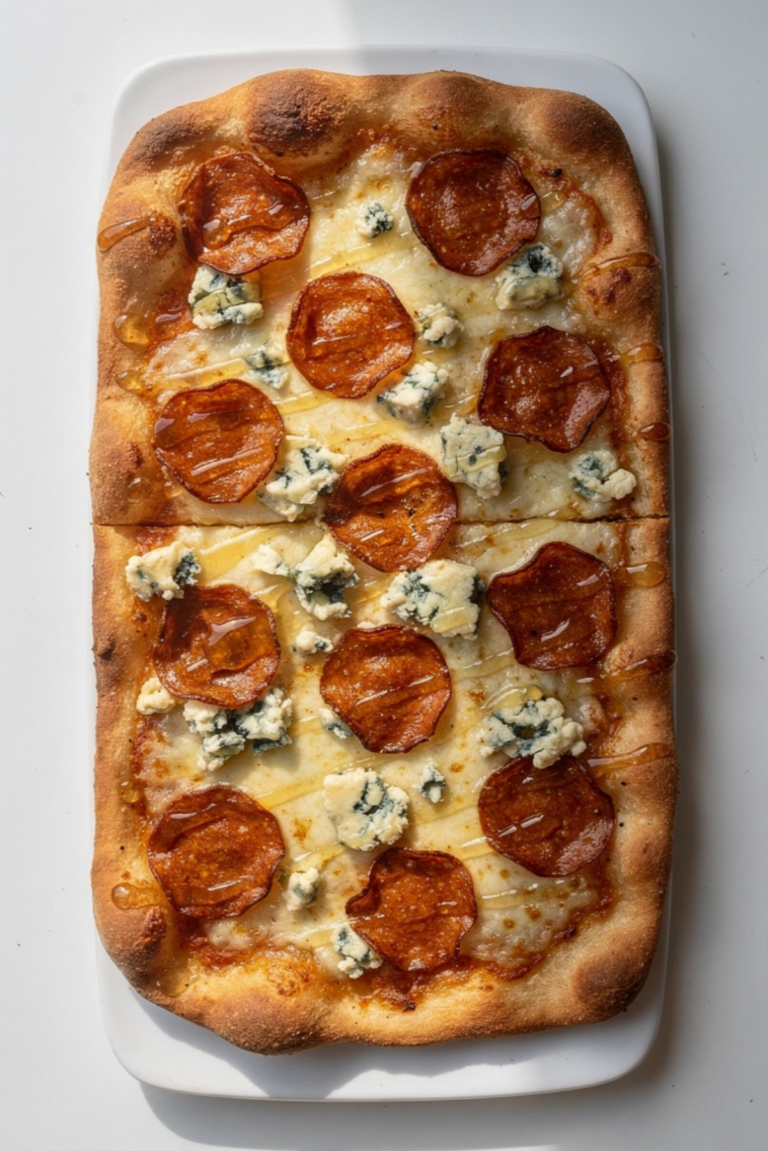 Crispy Pepperoni and Blue Cheese Flatbread with Honey Drizzle
