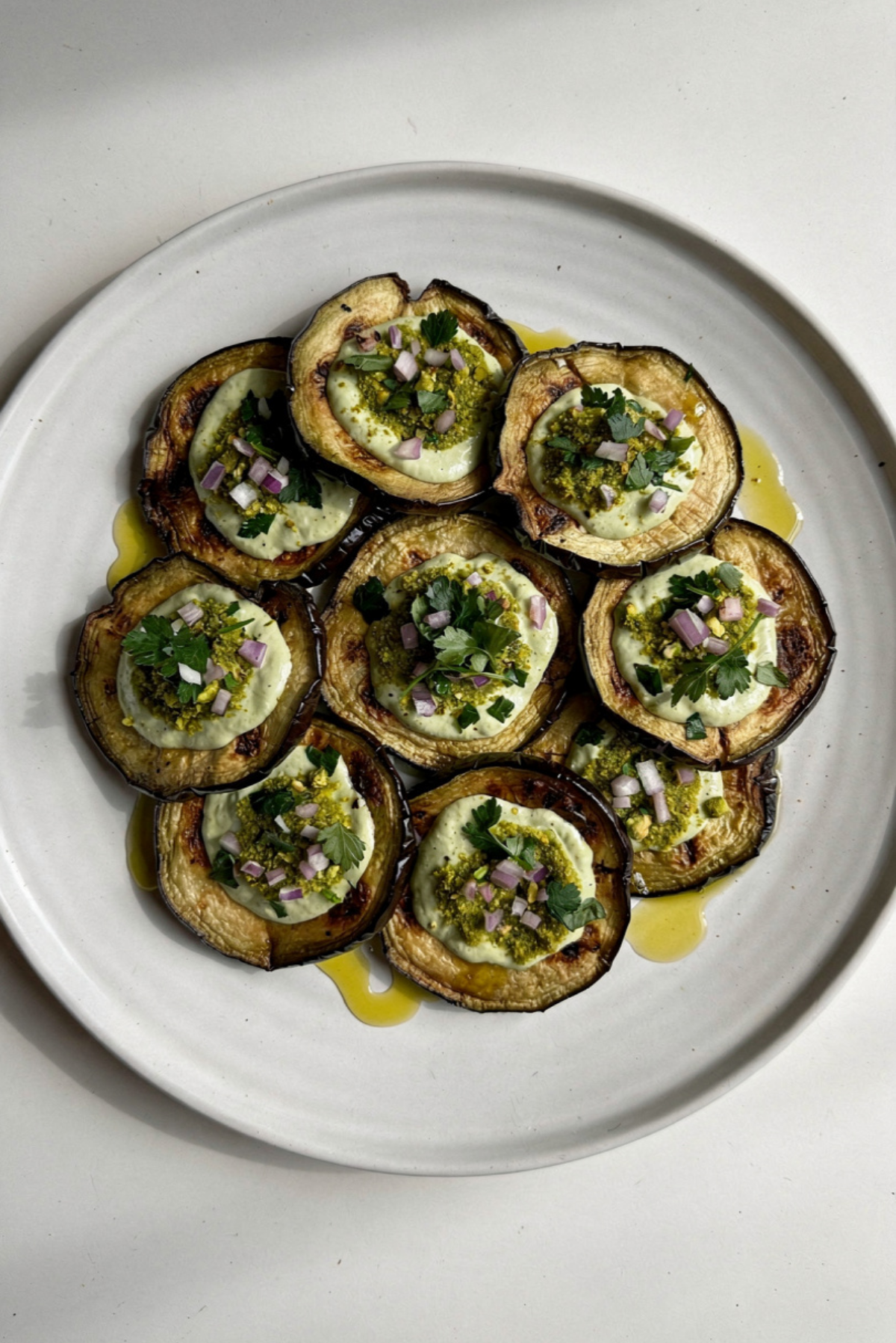 Fried Eggplant with Pistachio Yogurt and Salsa Verde